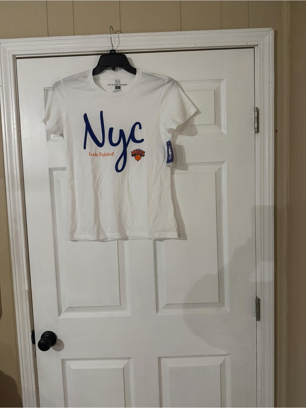 NBA White NYC Script Tee with Blue and Orange Accents
